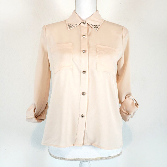 NEW!! Pink Owl Blouse SIZE M Skull Novelty Roll Tab Sleeve Chiffon Tunic Top - Picture 1 of 13